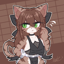 accessory anthro big_breasts black_clothing breasts brown_body brown_hair cleavage clothed clothing eyebrows eyelashes female fingers front_view fur green_eyes hair inner_ear_fluff looking_aside markings outline pupils simple_background slit_pupils solo tail translucent translucent_hair tuft matz_(pixiv) domestic_cat felid feline felis mammal 1:1 2025 aliasing digital_drawing_(artwork) digital_media_(artwork) half-length_portrait hi_res portrait signature