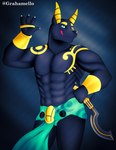 anthro athletic athletic_anthro athletic_male black_body black_fur blue_eyes bottomwear bracelet clothing facial_piercing fur gesture gold_(metal) gold_jewelry hand_waving jewelry loincloth male markings nose_piercing piercing solo tongue tongue_out waving weapon grahamello_(artist) adastra adastra_(series) echo_project khemia neferu_(adastra) anubian_jackal canid canine canis jackal mammal hi_res