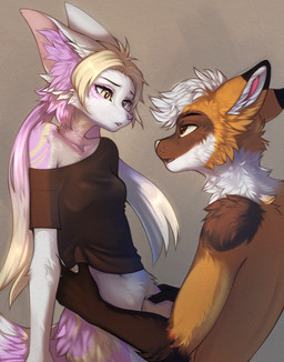 anthro anthro_on_anthro biped bottomless bottomless_anthro bottomless_female breasts claws clothed clothed_anthro clothed_female clothing duo eye_contact female fingers fur hair inner_ear_fluff looking_at_another male male/female navel nude nude_anthro nude_male partially_clothed partially_clothed_anthro partially_clothed_female simple_background tail teeth tongue tuft yshanii canid canine fox mammal 2026 digital_drawing_(artwork) digital_media_(artwork) hi_res