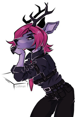 abstract_background anthro antlers black_bottomwear black_clothing black_pants black_shirt black_topwear bottomwear burgundy_hair clothing fur grey_body grey_fur hair harness horn male necktie pants pink_hair purple_necktie shirt side_view solo topwear coltman marlyn_(hailmure) deer mammal new_world_deer reindeer absurd_res hi_res