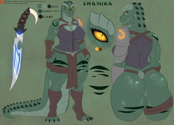 abs anthro armor big_breasts big_muscles bottomwear breasts butt claws clothing color_swatch countershading curvy_figure dagger feet female footwear front_view hunter loincloth melee_weapon muscular muscular_anthro muscular_female muscular_legs nipple_outline non-mammal_breasts pauldron pupils rear_view scales scar simple_background slit_pupils socks solo stirrup_footwear stirrup_socks tail text thick_tail thick_thighs toe_claws ventral_scales voluptuous weapon wide_hips yellow_eyes doomthewolf shamira_(doomthewolf) crocodile crocodilian reptile scalie 2016 model_sheet url