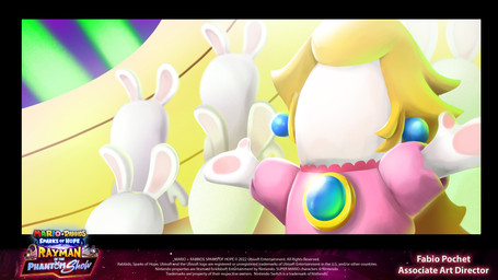 ambiguous_anthro ambiguous_gender anthro blonde_hair blue_ear_piercing clapperboard clothed clothed_anthro clothed_female clothing ear_piercing featureless_face female female_anthro flat_chested fur gramophone group hair inside light long_ears mitten_hands pawpads performing piercing pink_clothing pink_shirt pink_topwear raised_hands shirt tan_inner_ear tan_pawpads text title topwear white_body white_fur fabio_pochet mario_bros mario_plus_rabbids_kingdom_battle mario_plus_rabbids_sparks_of_hope nintendo raving_rabbids rayman_(series) ubisoft rabbid_peach lagomorph mammal rabbid 16:9 2023 4k absurd_res artist_name colored concept_art crossover digital_drawing_(artwork) digital_media_(artwork) english_description english_text hi_res lighting official_art shaded widescreen