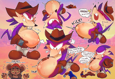 anthro balls beanie belly belly_rub belt big_belly blush bodily_fluids boots brown_body brown_fur brown_hair buckteeth claws clothing cowboy_hat crooked_tail dialogue discarded_belt discarded_hat duo ejaculation erect_tail erection eyes_closed fangs fetal_movement footwear fur genitals hair hand_on_belly hat headgear headwear holding_clothing holding_hat holding_headgear holding_headwear holding_object huge_belly humanoid_genitalia humanoid_penis hyper hyper_pregnancy kneeling looking_at_viewer lying male motion_lines navel on_back onomatopoeia open_mouth outie_navel paws penis pop_gun pregnant pregnant_male purple_body purple_fur shoes smile solo sound_effects speech_bubble sweat sweatdrop tail teeth text toy toy_gun white_body white_fur yellow_eyes yellow_sclera salamikii sega sonic_the_hedgehog_(series) fan_character fang_the_hunter dipodid jerboa mammal murid murine rat rodent 2026 english_text hi_res multiple_images