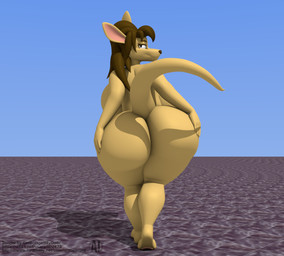 anthro back_boob big_breasts big_butt blue_sky breasts brown_hair bubble_butt butt female floor fur hair hand_on_butt hands_on_hips huge_breasts huge_butt looking_at_viewer looking_back mature_anthro mature_female sky smile smiling_at_viewer solo tan_body tan_fur thick_thighs tile tile_floor watermarked_at_source wide_hips getboingedmydude marge_(getboingedmydude) kangaroo macropod mammal marsupial 3d_(artwork) digital_media_(artwork) watermark