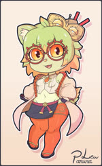 4_fingers accessory alternate_species anthro belly black_clothing border bottomwear breasts cat_nose chibi clothed clothing cosplay costume cute_fangs dark_pupils eye_through_hair eyelashes eyelashes_through_hair eyewear fangs feet female fingers fishnet_clothing fishnet_legwear flip_flops footwear fur glasses green_body green_fur green_hair hair hair_accessory leaf leaf_hair leaf_tail legwear lighter_belly looking_at_viewer medium_breasts navel orange_clothing orange_eyes orange_hair orange_legwear orange_thigh_highs plant plant_hair pseudo_hair round_glasses sandals shoes short_hair short_stack simple_background skirt slightly_chubby slightly_chubby_anthro slightly_chubby_female smile smiling_at_viewer solo standing tail teeth teeth_showing thigh_highs three-quarter_view tight_clothing tight_legwear tights toes tongue tongue_showing translucent translucent_clothing translucent_hair parura_lew_(artist) nintendo tears_of_the_kingdom the_legend_of_zelda phina_(parura_lew) purah animal_humanoid felid felid_humanoid feline feline_humanoid humanoid mammal mammal_humanoid 2023 2d_animation animated colored digital_media_(artwork) full-length_portrait hi_res line_art loop no_sound portrait shaded short_playtime signature webm