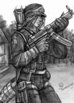 anthro biped clothed clothing day explosives fully_clothed gloves grenade gun handwear hat headgear headwear holding_gun holding_object holding_ranged_weapon holding_weapon male military_uniform outside ranged_weapon solo standing uniform weapon thumbclawz thaylo mammal marsupial thylacoleo vombatiform greyscale monochrome