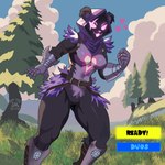 anthro armor big_breasts breasts clothed clothing eye_scar facial_scar female gauntlets gloves grass handwear heart_symbol outside plant scar solo text tree tdc_charge epic_games fortnite raven_team_leader bear mammal 1:1 english_text hi_res