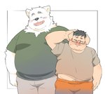 anthro black_nose blush bottomwear clothing duo eyes_closed eyewear glasses kemono male overweight overweight_male pants shirt topwear inunoshippo canid canine canis domestic_dog domestic_pig mammal suid suine sus_(pig) 2022