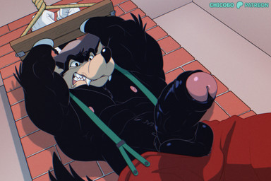 anthro arms_above_head balls big_balls big_penis black_balls black_body black_fur black_nose black_penis bottomwear bottomwear_down brick_wall clenched_teeth clothed clothing dutch_angle erection fangs foreskin frown fur genitals glans grey_clothing grey_hat grey_headwear hat headgear headwear looking_down low-angle_view male male_anthro nipples overalls pants pants_down partially_clothed partially_clothed_anthro partially_clothed_male penis pink_glans pink_nipples red_bottomwear red_clothing red_pants sharp_teeth shirtless solo submissive submissive_anthro submissive_male teeth wall_(structure) chicobo fairy_tales big_bad_wolf big_bad_wolf_(disney) canid canine canis mammal wolf 2025 3:2