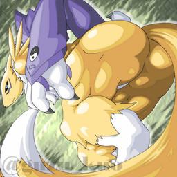 anthro armwear bent_over black_sclera blue_eyes bridal_gauntlets butt clothing female fur looking_at_viewer looking_back low-angle_view muscular_legs nude rear_view solo thick_thighs yellow_body yellow_fur guzu_kuo bandai_namco digimon canid digimon_(species) mammal renamon 1:1 aliasing cel_shading digital_media_(artwork) shaded