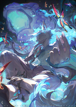 5_fingers ambiguous_gender anthro armwear beckoning biped black_stripes blue_clothing blue_eyebrows blue_eyes blue_hair blue_inner_ear_fluff blue_mouth blue_nose blue_tail blue_tongue blue_topwear bottomwear brown_bottomwear brown_clothing brown_pants claws clothed clothed_anthro clothed_male clothing countershade_face countershade_fur countershading detached_sleeves dipstick_tail eyebrows facial_markings fangs feral fiery_hair finger_claws fingerpads fingers folding_fan footwear foreshortening fully_clothed fully_clothed_anthro fully_clothed_male fur gesture glowing glowing_hair glowing_mouth grey_body grey_countershading grey_fur grey_tail group gums hair hand_fan head_markings holding_fan holding_object inner_ear_fluff long_hair looking_at_viewer looking_down looking_down_at_viewer low-angle_view male markings mouth_closed open_mouth pants pawpads pink_pawpads pupils reverse_countershading shoes simple_eyes slit_pupils solo_focus striped_body striped_face stripes tail tail_markings teeth tongue tongue_showing topwear tuft whiskers yellow_sclera chiayeeee foxgh0st_(character) arthropod butterfly felid insect lepidopteran mammal pantherine tiger 2025 chromatic_aberration digital_drawing_(artwork) digital_media_(artwork) full-length_portrait headshot_portrait hi_res portrait signature