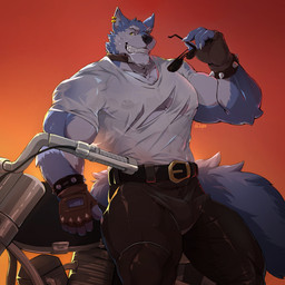 5_fingers abs anthro areola arm_tuft belt belt_buckle biceps big_muscles big_pecs big_tail biped black_belt black_bottomwear black_clothing black_nose black_pants blue_body blue_fur blue_tail bottomwear bracelet buckle cheek_tuft chest_tuft chin_tuft claws clothed clothed_anthro clothed_male clothing collar countershade_arms countershade_face countershade_fur countershade_tail countershade_torso countershading deltoids ear_piercing elbow_tuft eyebrows eyewear facial_tuft fangs finger_claws fingerless_gloves fingers fluffy fluffy_tail forearm_muscles fully_clothed fully_clothed_anthro fully_clothed_male fur gloves gradient_background grin handwear head_tuft holding_eyewear holding_object holding_sunglasses humanoid_hands jewelry leaning_on_motocycle leaning_on_object looking_aside male motorcycle multicolored_body multicolored_fur muscular muscular_anthro muscular_arms muscular_legs muscular_male navel neck_tuft nipples orange_background pants pecs piercing pointy_ears prick_ears quads raised_hand shirt simple_background smile solo spiked_bracelet spikes standing sunglasses tail teeth thick_thighs tight_bottomwear tight_clothing tight_pants topwear torn_clothing torn_shirt torn_topwear translucent translucent_clothing translucent_shirt translucent_topwear triceps tuft two_tone_body two_tone_fur two_tone_tail vehicle wearing_gloves white_body white_claws white_clothing white_eyebrows white_fur white_shirt white_tail white_topwear yellow_eyes zipper purtropos dislyte lilith_games freddy_(dislyte) canid canine canis mammal wolf 1:1 2025 digital_media_(artwork) hi_res signature
