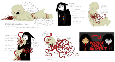 :d ambiguous_gender ambiguous_humanoid amputee begging_for_mercy black_body black_clothing black_feathers black_hair black_shirt black_topwear blood blood_from_mouth blood_in_mouth blue_eyes bodily_fluids chest_eye clothing crying d: dialogue directional_arrow disability feathers gore group hair hug lying male male_humanoid missing_arm on_front open_mouth open_smile red_text screaming shirt smile tan_body tears text tongue tongue_out topwear trio trypophobia wounded jejejunum filth_(jejejunum) pest_(jejejunum) wither_(jejejunum) humanoid nethermare proto-nethermare worm 2026 comic digital_drawing_(artwork) digital_media_(artwork) english_text hi_res meme female_(lore)