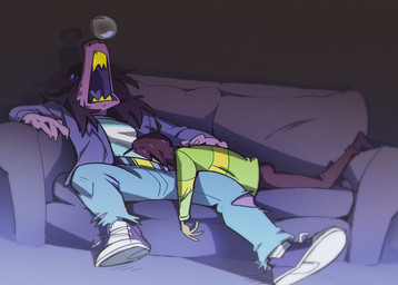 anthro bottomwear clothing denim denim_bottomwear denim_clothing duo female footwear freckles furniture jeans male pants purple_body shoes sitting sleeping sofa pegibruno deltarune undertale_(series) kris_dreemurr susie_(deltarune) human mammal scalie 2025 hi_res