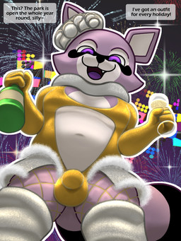 alcohol beverage bottomwear bulge champagne clothed clothing fireworks fishnet_clothing fishnet_legwear holidays legwear male skimpy skirt slightly_chubby solo tight_clothing trashbadger indigo_park new_year new_year_2026 rambley_raccoon mammal procyonid raccoon