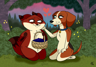 anthro basket blue_collar blue_eyes blueberry_(fruit) blush breasts brown_body brown_eyes brown_fur closed_smile collar collar_only container countershading duo eye_contact featureless_breasts female floppy_ears food forest_background fruit fur grass heart_symbol hearts_around_head holding_basket holding_container holding_object kneeling looking_at_another mouth_closed nude on_grass on_ground outside picnic_basket plant red_body red_fur romantic romantic_ambiance smile white_body white_countershading scooterdoodles mating_season_(series) penelope_(mating_season) summer_(mating_season) beagle canid canine canis domestic_dog fox hunting_dog mammal red_fox scent_hound true_fox 2026 colored dated digital_drawing_(artwork) digital_media_(artwork) signature