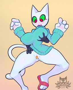 3_toes 4_fingers anthro big_breasts blue_clothing blue_sweater blue_topwear blush bottomless bottomless_anthro bottomless_female breast_grab breasts clothed clothing disembodied_hand duo feet female fingers footwear frown genitals green_sclera hand_on_breast hand_on_hip huge_breasts logo looking_pleasured open_mouth pasties pupils purple_pupils pussy_tape red_eyes ribbed_clothing sandals shirt shoes simple_background sweater tail tan_background tape text toes topwear vulva white_body white_skin 69blackcat69 cream_(69blackcat69) domestic_cat felid feline felis mammal 2026 artist_logo artist_name colored digital_drawing_(artwork) digital_media_(artwork) hi_res shaded signature