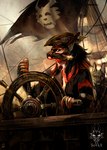 anthro back_fur boat claws flag fur gold_(metal) gold_jewelry horn jewelry male pirate pirate_hat pirate_outfit red_body red_fur sailing_boat sailing_watercraft sailor ship solo vehicle watercraft wheel drawing_sofa mythology roifantome vados_(roifantome) dragon hybrid mythological_creature mythological_scalie scalie wickerbeast