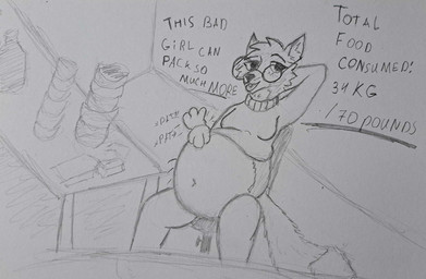 anthro belly belly_expansion big_belly big_glasses bloated bottomless clothed clothing dish expansion eyewear female glasses hair mane mane_hair mohawk patting_belly round_glasses sitting solo stuffing sweater tail text topwear wearing_glasses patchwork_weasel canid canine fox mammal