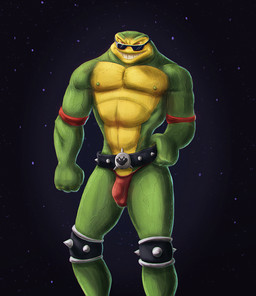 anthro belt bulge clothed clothing detailed_bulge eyewear front_view genital_outline green_body green_nipples grin male muscular muscular_anthro muscular_male narrowed_eyes nipples penis_outline red_eyes simple_background smile solo spiked_belt spikes standing sunglasses topless vein veiny_muscles yellow_body satanic_monkey battletoads rareware rash_(battletoads) amphibian frog toad_(frog) hi_res portrait three-quarter_portrait