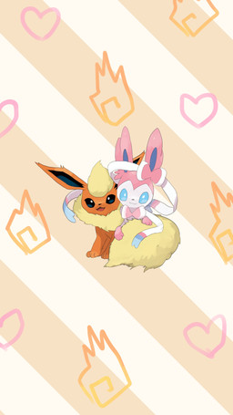 ambiguous/ambiguous ambiguous_gender blue_eyes bow_(anatomy) duo feral fluffy fluffy_tail fur heart_symbol looking_at_viewer open_mouth orange_body pattern_background paws pink_body pink_fur ribbons_(anatomy) simple_background tail tongue white_body yellow_body yellow_fur fishburi nintendo pokemon eeveelution flareon generation_1_pokemon generation_6_pokemon pokemon_(species) sylveon 2026 9:16 absurd_res hi_res
