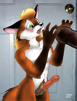 anthro bodily_fluids cum disembodied_penis duo erection fellatio genital_fluids genitals humanoid_genitalia humanoid_penis male male/male male_penetrated male_penetrating male_penetrating_male micro oral penetration penile penis precum sex short shrinking size_transformation tail transformation michael_higgs canid canine fox mammal 2010 digital_media_(artwork)