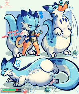 ambiguous_gender anthro belly big_belly blue_body blue_eyes clothing dialogue digestion duo fatal_vore feral fur gameplay_mechanics male onomatopoeia open_mouth oral_vore rumbling_stomach simple_background size_difference sound_effects swallowing tail tailbutt text tongue tongue_out topwear vore white_body wide_crotch nagifur mythology palworld pocketpair nagi_(nagifur) pal_tamer chillet dragon mythological_creature mythological_scalie pal_(species) scalie 2024 absurd_res colored digital_media_(artwork) english_text hi_res
