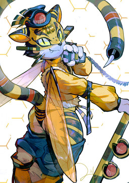 anthro butt clothing fur green_eyes kemono male rear_view smile solo stinger stinger_tail striped_body striped_fur stripes tail thong underwear wings yellow_body yellow_fur ina_ba_ya arthropod bee felid hybrid hymenopteran insect mammal pantherine tiger