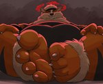 4_toes anthro barefoot claws dynamax extreme_size_difference feet foot_fetish foot_focus foot_play male overweight overweight_anthro overweight_male paws size_difference soles solo stuck_to_foot toes dj-rodney nintendo pokemon arcanine canid canine generation_1_pokemon mammal pokemon_(species)