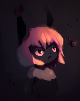 anthro black_body black_fur clothed clothing cute_fangs dress fangs female fur hair looking_up open_mouth pink_eyes pink_hair simple_background solo teeth tongue topwear young young_anthro orphira lyri arthropod felid feline insect lepidopteran mammal moth absurd_res digital_media_(artwork) hi_res