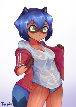 5_fingers anthro blue_body blue_fur blue_hair breasts brown_body brown_fur clothed clothing female fingers fluffy fluffy_tail fur green_eyes hair jacket open_clothing open_jacket open_topwear panties short_hair simple_background solo tail topwear underwear undressing wet wet_clothing white_background turpix brand_new_animal studio_trigger michiru_kagemori canid canine mammal raccoon_dog tanuki hi_res portrait three-quarter_portrait