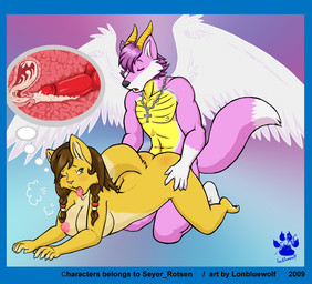 all_fours anthro big_breasts big_butt blue_border blush bodily_fluids body_blush border breasts brown_hair butt butt_blush cervix cross cum cum_in_uterus cum_in_vagina cum_inside dipstick_tail doggystyle duo erection feathered_wings feathers female female_penetrated from_behind_position fur genital_fluids genitals hair hand_on_another's_butt hand_on_butt horn internal interspecies knot knotting male male/female male_penetrating male_penetrating_female markings navel nipples nude open_mouth orgasm penetration penile penile_penetration penis penis_in_vagina pink_body pink_fur sex tail tail_markings tongue tongue_out uterus vaginal vaginal_canal vaginal_knotting vaginal_penetration vulva wings lonbluewolf mythology seyer_rotsen canid canine canis domestic_cat dragon felid feline felis mammal mythological_creature mythological_scalie scalie wolf 2009 digital_media_(artwork) watermark