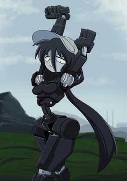 arms_above_head black_body black_hair breasts clothing featureless_breasts featureless_crotch female female_humanoid grass hair hat headgear headwear long_hair looking_at_viewer machine mostly_nude mostly_nude_female mostly_nude_humanoid mountain multicolored_body neutral_expression not_furry outside plant slim_female slim_humanoid small_breasts solo stretching tied_hair white_body wide_hips canni_can chamber_(canni_can) humanoid robot robot_humanoid 2026 absurd_res digital_drawing_(artwork) digital_media_(artwork) hi_res