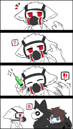 4_fingers ambiguous_gender angry anthro biped black_body black_border black_fur blue_eyes bodily_fluids boop border brown_hair clothing coat cross-popping_vein daww exclamation_point eyes_closed face_focus fingers first_person_view fluffy fur gas_mask group hair holding_object humor lab_coat latex liquid looking_at_viewer male mask pawpads paws petting petting_pov question_mark red_eyes scared simple_background solo_focus speech_bubble sweat syringe topwear white_background white_body white_fur wide_eyed fchicken changed_(video_game) dr._k_(changed) lin_(changed) puro_(changed) canid canine canis goo_creature human mammal monster wolf 2018 comic hi_res