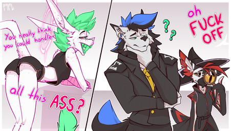 anthro bent_over bottomwear butt clothing confusion dialogue ear_piercing ear_ring feather_hands feathers female freckled_butt freckled_face freckled_shoulders freckled_tail freckles fur gauged_ear green_hair hair halo humor insult looking_at_another looking_back looking_back_at_another magnifying_glass male narrowed_eyes piercing question_mark red_hair ring_piercing shirt shorts simple_background skinny skinny_anthro skinny_female squint standing suit suit_jacket tail tank_top text topwear vulgar white_body white_fur ralek cheedi_(ralek) passel_(ralek) turquoise_(ralek) avian bird canid canine canis mammal unknown_species wolf 2koma absurd_res comic english_text hi_res