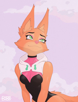 anthro breasts cloud countershade_face countershading female fox_ears fur green_eyes orange_body orange_fur pink_eyelids pink_nose solo text chopchop dreamworks the_bad_guys diane_foxington spider-gwen canid canine mammal 2025 artist_name crossover digital_media_(artwork) hi_res