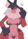 4_toes anthro big_breasts black_hair blue_nose breasts clothed clothing dorsal_fin ear_fins feet female fin frill_(anatomy) front_view fur hair looking_at_viewer mouth_closed navel neck_frill partially_clothed paws red_body red_eyes red_fur simple_background small_nose smile solo standing tail tail_fin teeth thick_tail toes white_background zeny_toyu nintendo pokemon vappy_liv eeveelution generation_1_pokemon pokemon_(species) vaporeon absurd_res artist_name hi_res