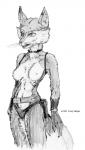 anthro barely_visible_nipples belt breasts clothed clothing female nipples simple_background solo topless doug_winger canid canine fox mammal 1993 monochrome