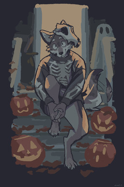 ambiguous_gender anthro backlighting biped bone bone_mask bottomless claws clothed clothing costume detailed_background fur halloween_costume holidays hoodie hoodie_only jack-o'-lantern light looking_at_viewer mask mouth_closed multicolored_body multicolored_fur sitting skeleton_costume skull skull_mask smile smiling_at_viewer solo text topwear topwear_only two_tone_body two_tone_fur mawfulme halloween canid canine canis mammal wolf artist_name digital_drawing_(artwork) digital_media_(artwork) hi_res lighting shaded