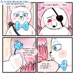 anthro biped blue_eyes blush bow_tie dialogue duo eye_patch eyewear flower plant text gisllays unicorn_blood_(short_film) gregorio_(unicorn_blood) moffy_(unicorn_blood) bear mammal 1:1 2023 comic spanish_text translated