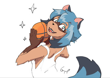 anthro ball basketball blue_hair blue_tail clothing dipstick_hair dipstick_tail facial_markings fangs fluffy fluffy_tail glistening glistening_hair gloves_(marking) hair head_markings holding_ball holding_object looking_at_viewer looking_back looking_back_at_viewer markings mask_(marking) multicolored_eyes open_mouth open_smile pointy_ears prick_ears shirt simple_background smile solo sparkles tail tail_markings tank_top teeth tongue topwear white_clothing white_shirt white_tank_top white_topwear dextrose_(artist) brand_new_animal studio_trigger michiru_kagemori canid canine mammal raccoon_dog tanuki hi_res signature