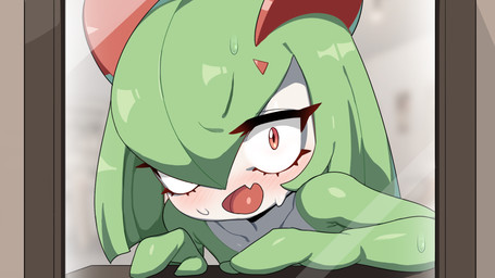 bodily_fluids cute_fangs fangs green_arms green_hair green_hands hair mirror mirror_reflection open_mouth reflection sweat teeth tongue white_body white_skin drunk_oak nintendo pokemon generation_3_pokemon humanoid kirlia pokemon_(species) 16:9 2023 hi_res widescreen
