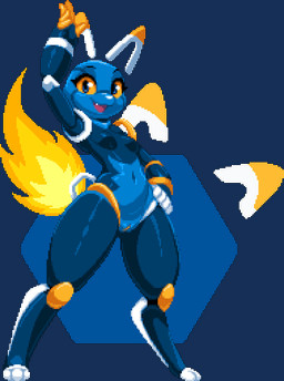 anthro blue_body breasts curvy_figure female female_anthro fire flaming_tail genitals gesture hand_on_hip hexagon machine mascot open_mouth simple_background small_breasts smile solo standing tail transparent_background voluptuous vulva waving yellow_eyes yellow_vulva conditional_dnp heartfelthusky e621 esix android domestic_cat felid feline felis mammal robot robot_anthro alpha_channel digital_media_(artwork) pixel_(artwork)