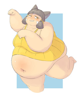 accessory bangs belly belly_blush belly_overhang big_belly blunt_bangs blush body_blush bottomless breasts chubby_cheeks clothed clothing dancing deep_navel double_chin dress embarrassed fangs fat_arms fat_neck female grey_hair hair hair_accessory hair_tie half-closed_eyes inner_ear_fluff looking_at_viewer love_handles narrowed_eyes navel nervous nervous_smile obese obese_female obese_humanoid on_one_leg overweight overweight_female overweight_humanoid paw_pose pose short_hair side_bangs solo standing teeth thick_arms thick_thighs tuft undersized_clothing undersized_dress yellow_clothing yellow_dress yellow_eyes subakitsu xenoblade_(series) nia_(xenoblade) animal_humanoid cat_humanoid felid felid_humanoid feline feline_humanoid gormotti humanoid mammal mammal_humanoid digital_drawing_(artwork) digital_media_(artwork) portrait three-quarter_portrait