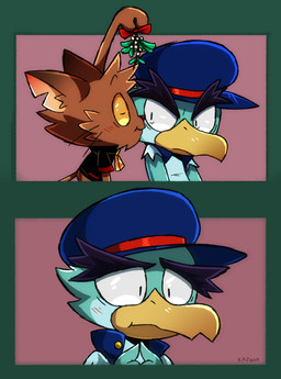 3_fingers anthro beak blue_body blue_feathers blush bow_ribbon brown_body brown_fur button_(fastener) clothing countershade_face countershading duo eyebrows eyes_closed feathers fingers frown fur green_body green_feathers hat headgear headwear holding_object holidays jacket kissing kissing_cheek male male/male mistletoe multicolored_body multicolored_fur notched_ear paws plant red_nose romantic romantic_ambiance shirt shy smile surprised tan_body tan_fur thick_eyebrows topwear two_tone_body two_tone_fur whiskers yellow_beak yellow_eyes zipper conditional_dnp kazoko_(artist) christmas jaques_(kazoko) joey_the_delivery_bird avian bird domestic_cat felid feline felis mammal alternate_version_at_source comic hi_res