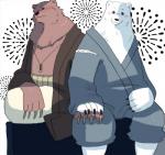 anthro blush clothed clothing duo fur humanoid_hands male robe sitting white_body white_fur shirokumaou shirokuma_cafe grizzly_(shirokuma_cafe) shirokuma bear mammal polar_bear ursine 2012