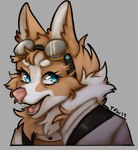 anthro blue_eyes clothed clothing eyewear female goggles open_mouth smile solo teeth thefoxwife canid canine canis domestic_dog herding_dog mammal pastoral_dog welsh_corgi headshot_portrait hi_res portrait