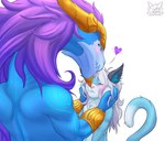 4_fingers anthro blue_body blue_eyes blue_fur blush duo eyes_closed fingers fur gold_(metal) gold_jewelry hair heart_symbol holding_cheeks jewelry kissing_forehead male purple_hair size_difference tail white_hair fennephilim_fox league_of_legends mythology riot_games tencent aurelion_sol_(lol) domestic_cat dragon felid feline felis mammal mythological_creature mythological_scalie scalie hi_res