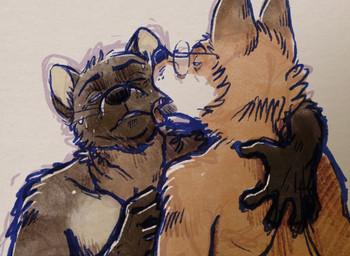 anthro bodily_fluids duo eyewear face_lick glasses hand_on_back licking male male/male sweat tongue wearing_glasses rayfkm canid canine fox gulonine mammal marten mustelid musteline 2025 hi_res