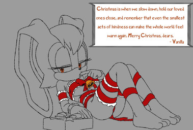 bell christmas_decorations christmas_present feet female gift holidays nude nude_female orange_eyes solo speech_bubble text raijinoni christmas sega sonic_the_hedgehog_(series) vanilla_the_rabbit humanoid lagomorph leporid mammal rabbit english_text greyscale hi_res monochrome